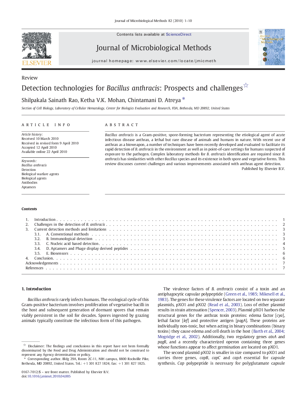 Detection technologies for Bacillus anthracis: Prospects and challenges 