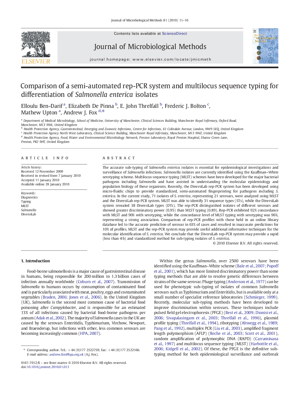 Comparison of a semi-automated rep-PCR system and multilocus sequence typing for differentiation of Salmonella enterica isolates