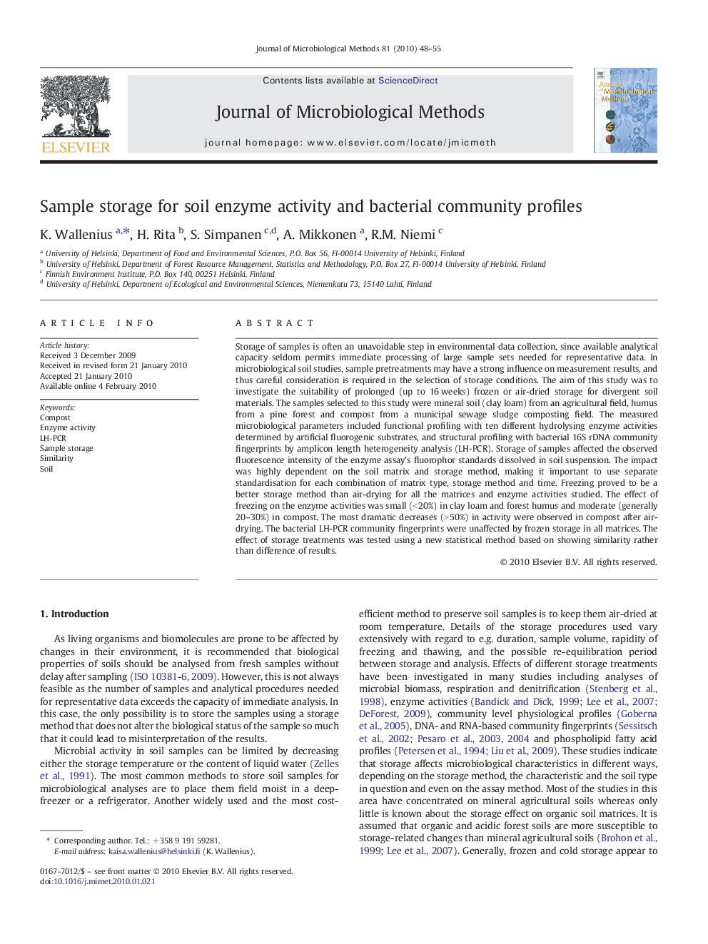 Sample storage for soil enzyme activity and bacterial community profiles