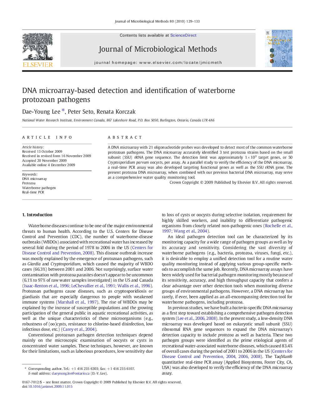 DNA microarray-based detection and identification of waterborne protozoan pathogens