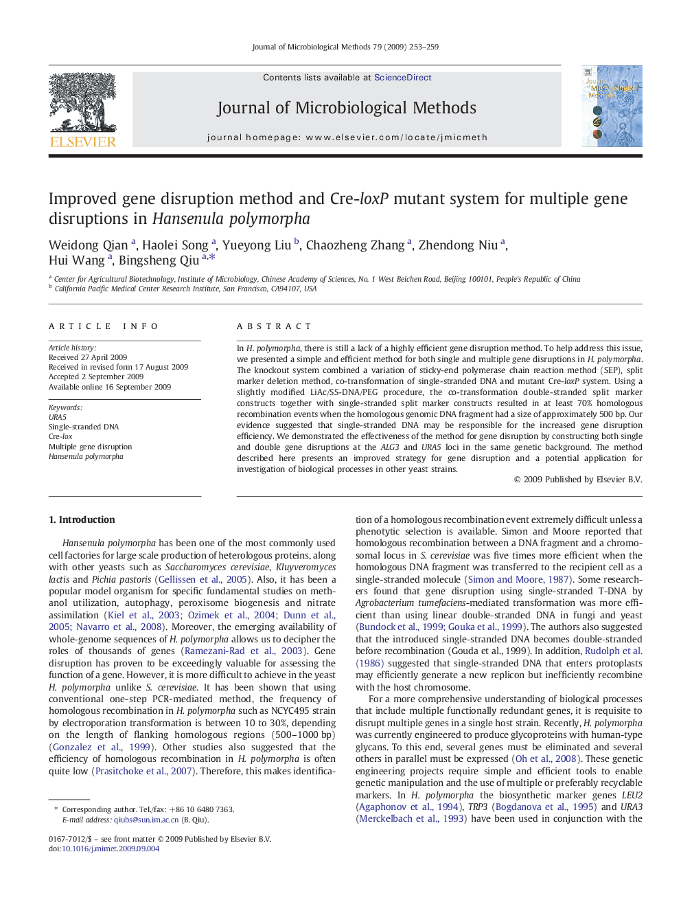 Improved gene disruption method and Cre-loxP mutant system for multiple gene disruptions in Hansenula polymorpha