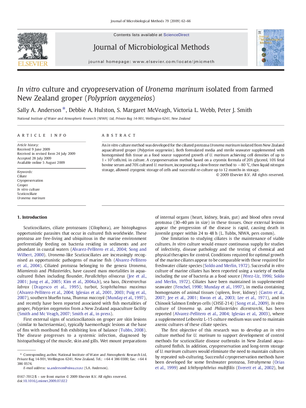 In vitro culture and cryopreservation of Uronema marinum isolated from farmed New Zealand groper (Polyprion oxygeneios)