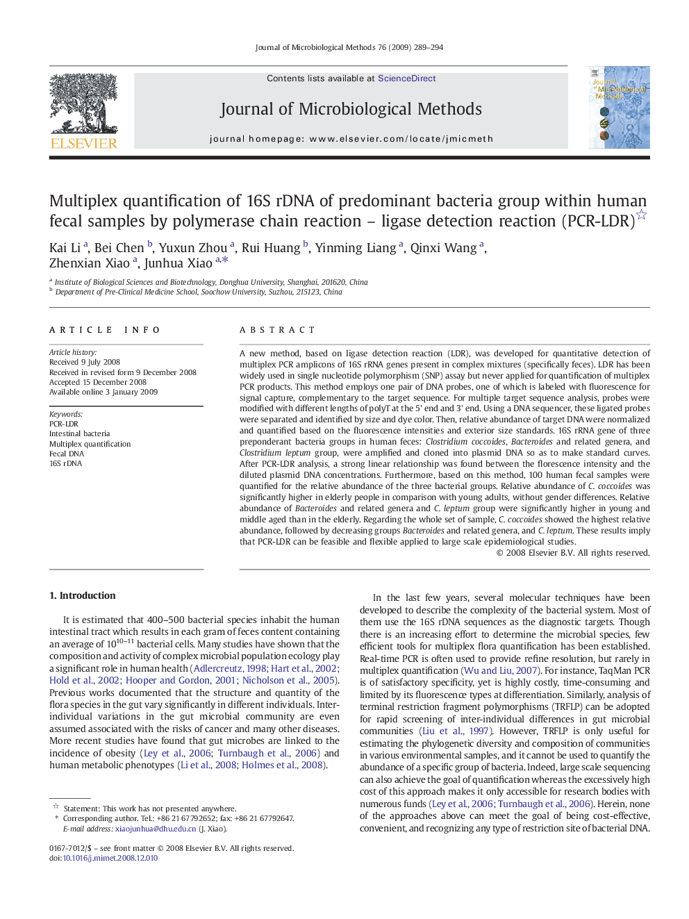 Multiplex quantification of 16S rDNA of predominant bacteria group within human fecal samples by polymerase chain reaction - ligase detection reaction (PCR-LDR)