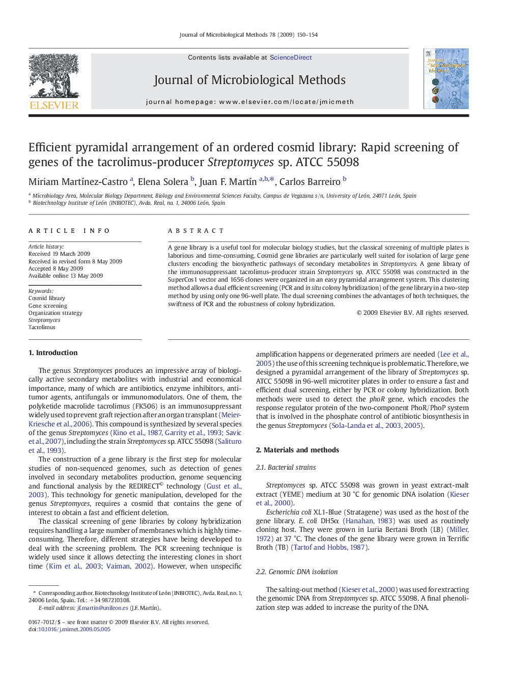 Efficient pyramidal arrangement of an ordered cosmid library: Rapid screening of genes of the tacrolimus-producer Streptomyces sp. ATCC 55098