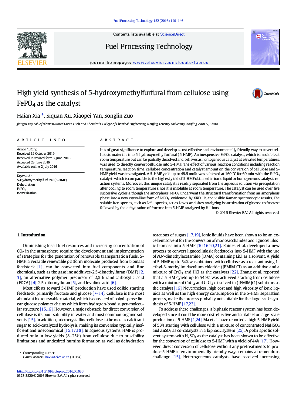 عکس صفحه اول مقاله: High yield synthesis of 5-hydroxymethylfurfural from cellulose using FePO4 as the catalyst High yield synthesis of 5-hydroxymethylfurfural from cellulose using FePO4 as the catalyst