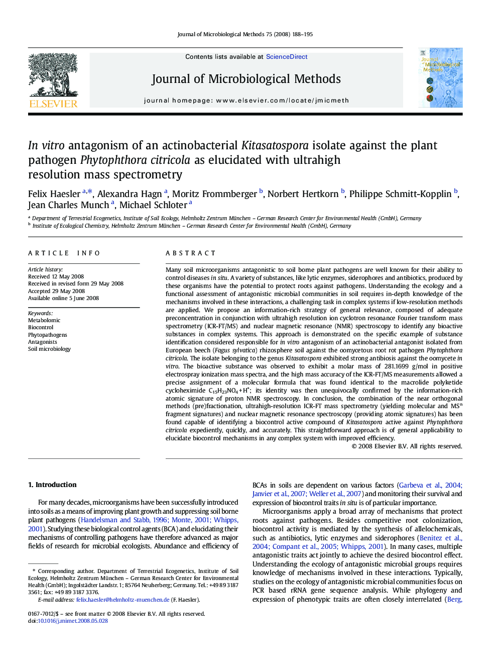 In vitro antagonism of an actinobacterial Kitasatospora isolate against the plant pathogen Phytophthora citricola as elucidated with ultrahigh resolution mass spectrometry