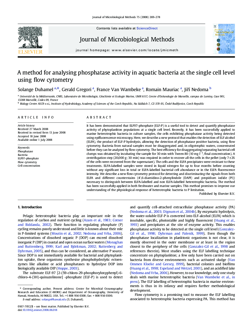 A method for analysing phosphatase activity in aquatic bacteria at the single cell level using flow cytometry