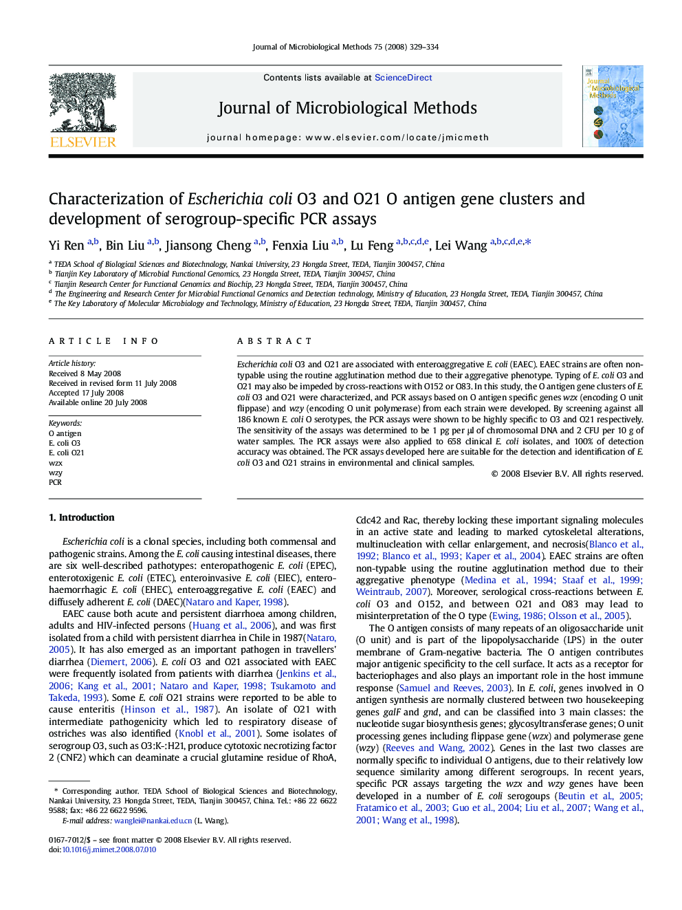 Characterization of Escherichia coli O3 and O21 O antigen gene clusters and development of serogroup-specific PCR assays