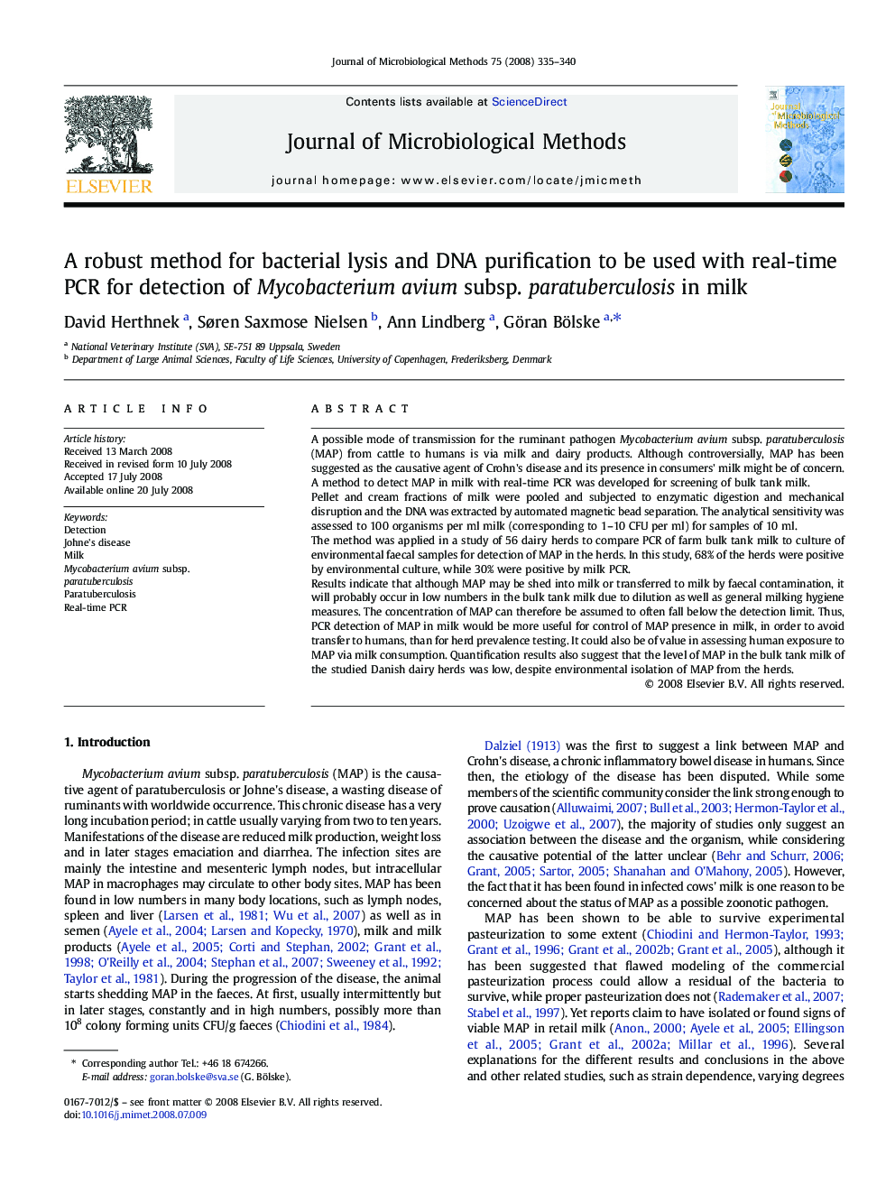 A robust method for bacterial lysis and DNA purification to be used with real-time PCR for detection of Mycobacterium avium subsp. paratuberculosis in milk