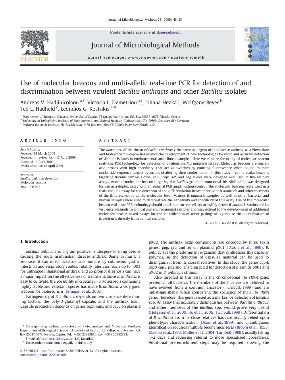 Use of molecular beacons and multi-allelic real-time PCR for detection of and discrimination between virulent Bacillus anthracis and other Bacillus isolates