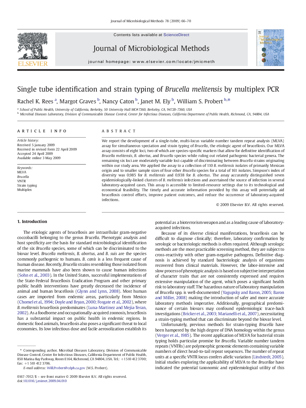 Single tube identification and strain typing of Brucella melitensis by multiplex PCR