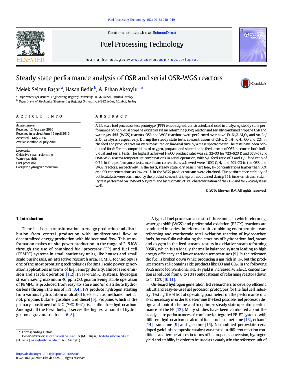 Steady state performance analysis of OSR and serial OSR-WGS reactors