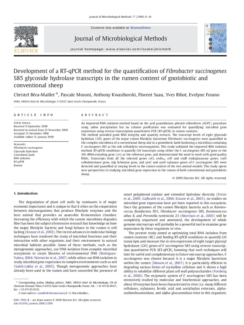 Development of a RT-qPCR method for the quantification of Fibrobacter succinogenes S85 glycoside hydrolase transcripts in the rumen content of gnotobiotic and conventional sheep