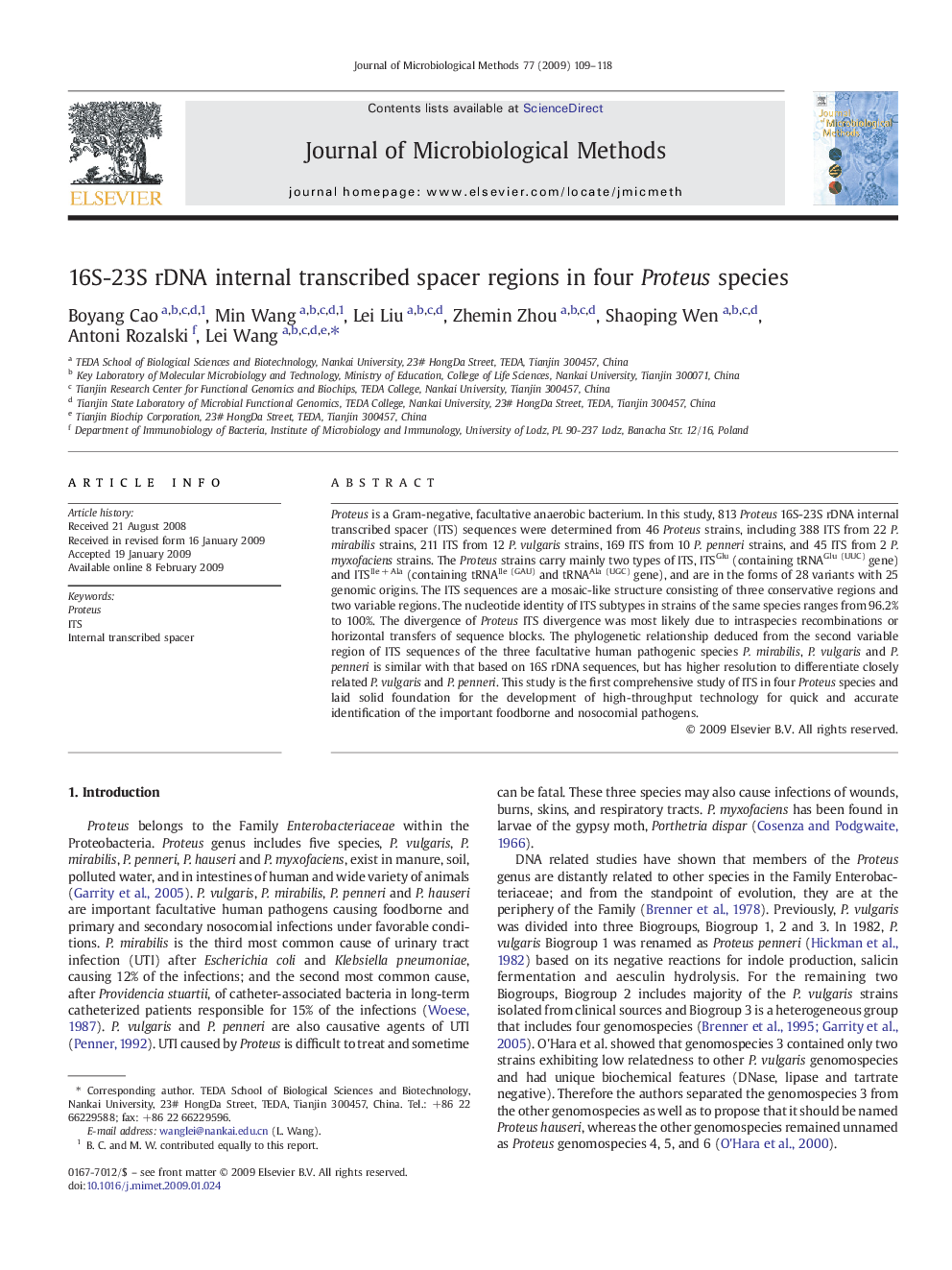 16S-23S rDNA internal transcribed spacer regions in four Proteus species