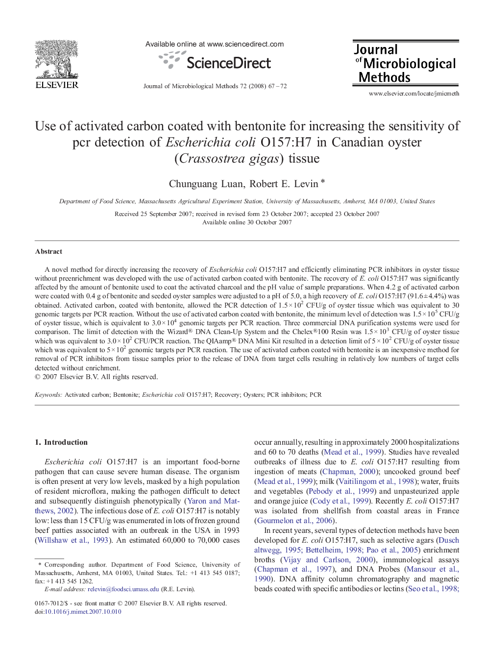 Use of activated carbon coated with bentonite for increasing the sensitivity of pcr detection of Escherichia coli O157:H7 in Canadian oyster (Crassostrea gigas) tissue