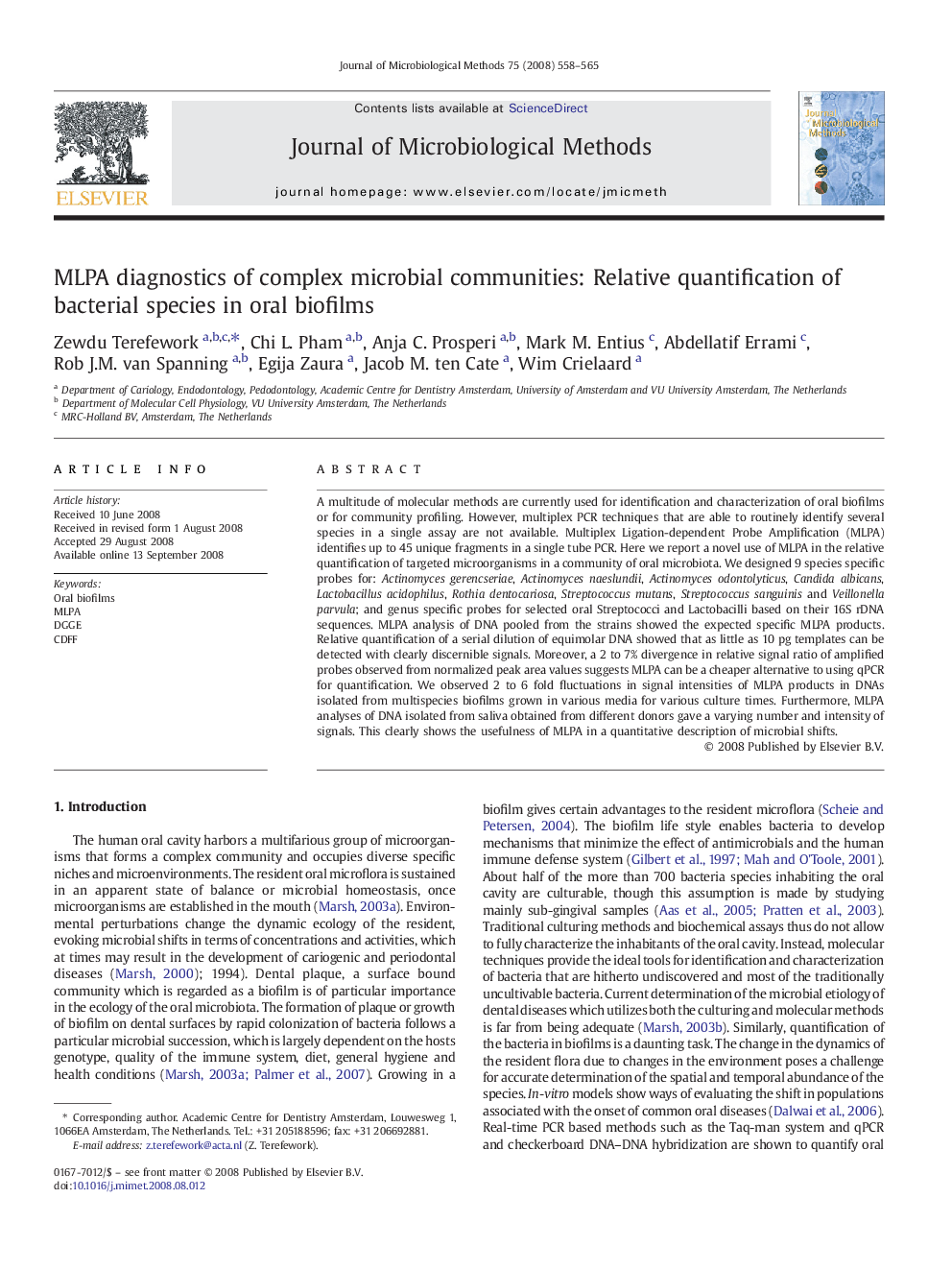 MLPA diagnostics of complex microbial communities: Relative quantification of bacterial species in oral biofilms