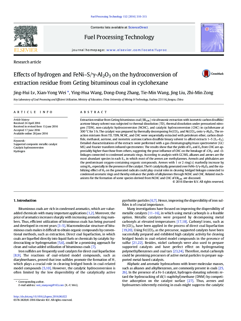 Effects of hydrogen and FeNi–S/γ-Al2O3 on the hydroconversion of extraction residue from Geting bituminous coal in cyclohexane