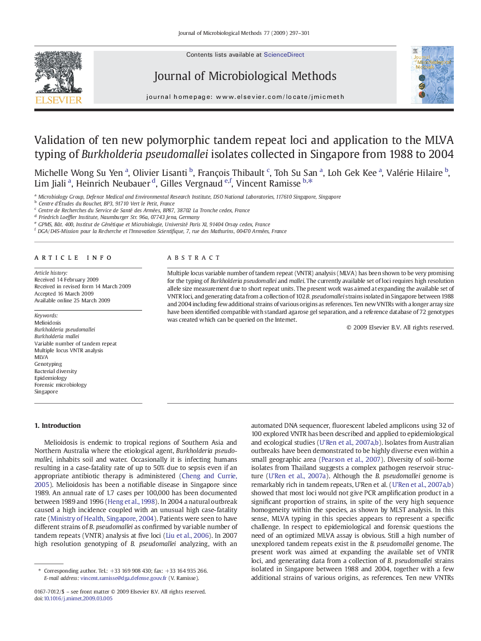 Validation of ten new polymorphic tandem repeat loci and application to the MLVA typing of Burkholderia pseudomallei isolates collected in Singapore from 1988 to 2004