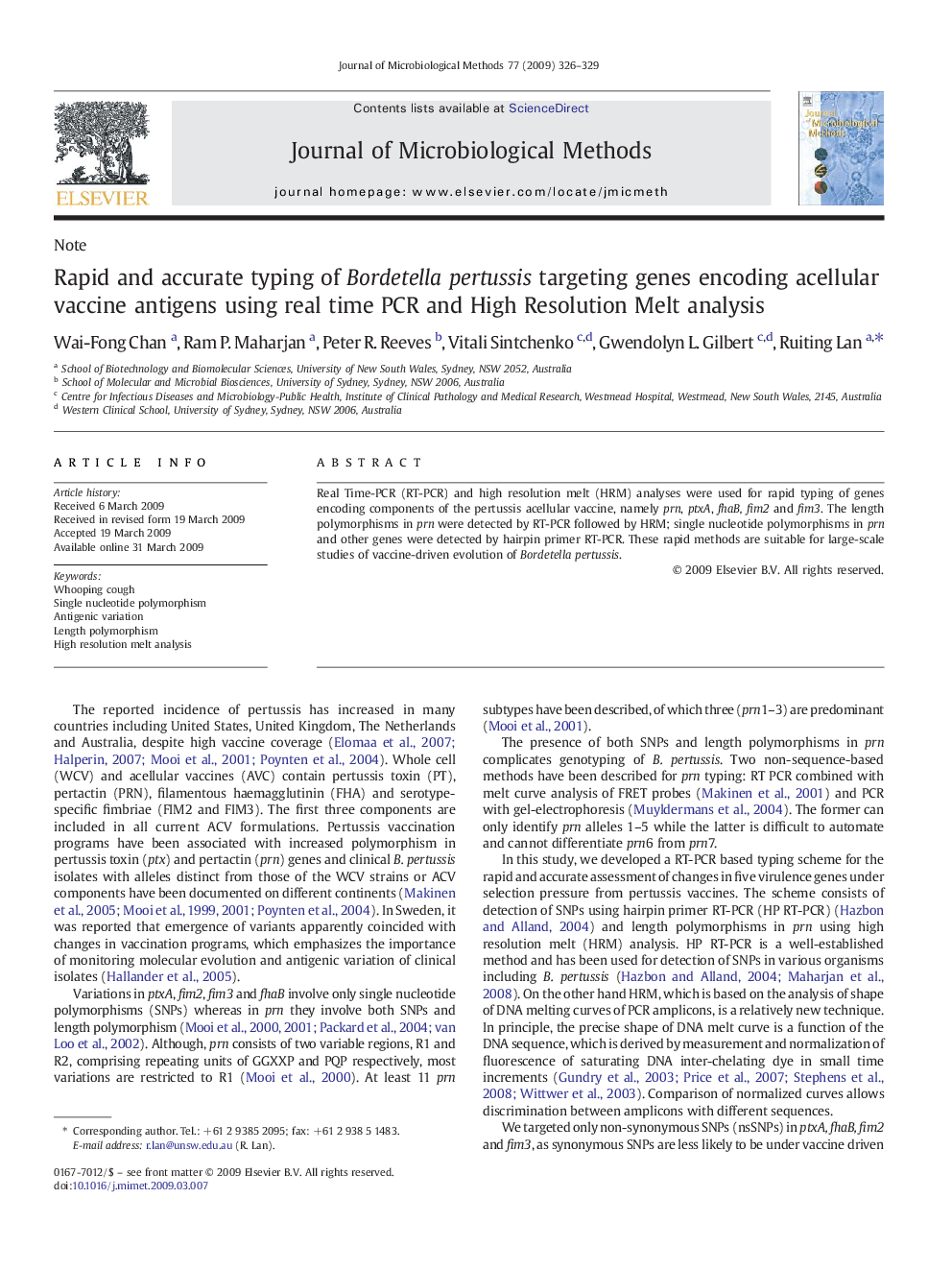 Rapid and accurate typing of Bordetella pertussis targeting genes encoding acellular vaccine antigens using real time PCR and High Resolution Melt analysis