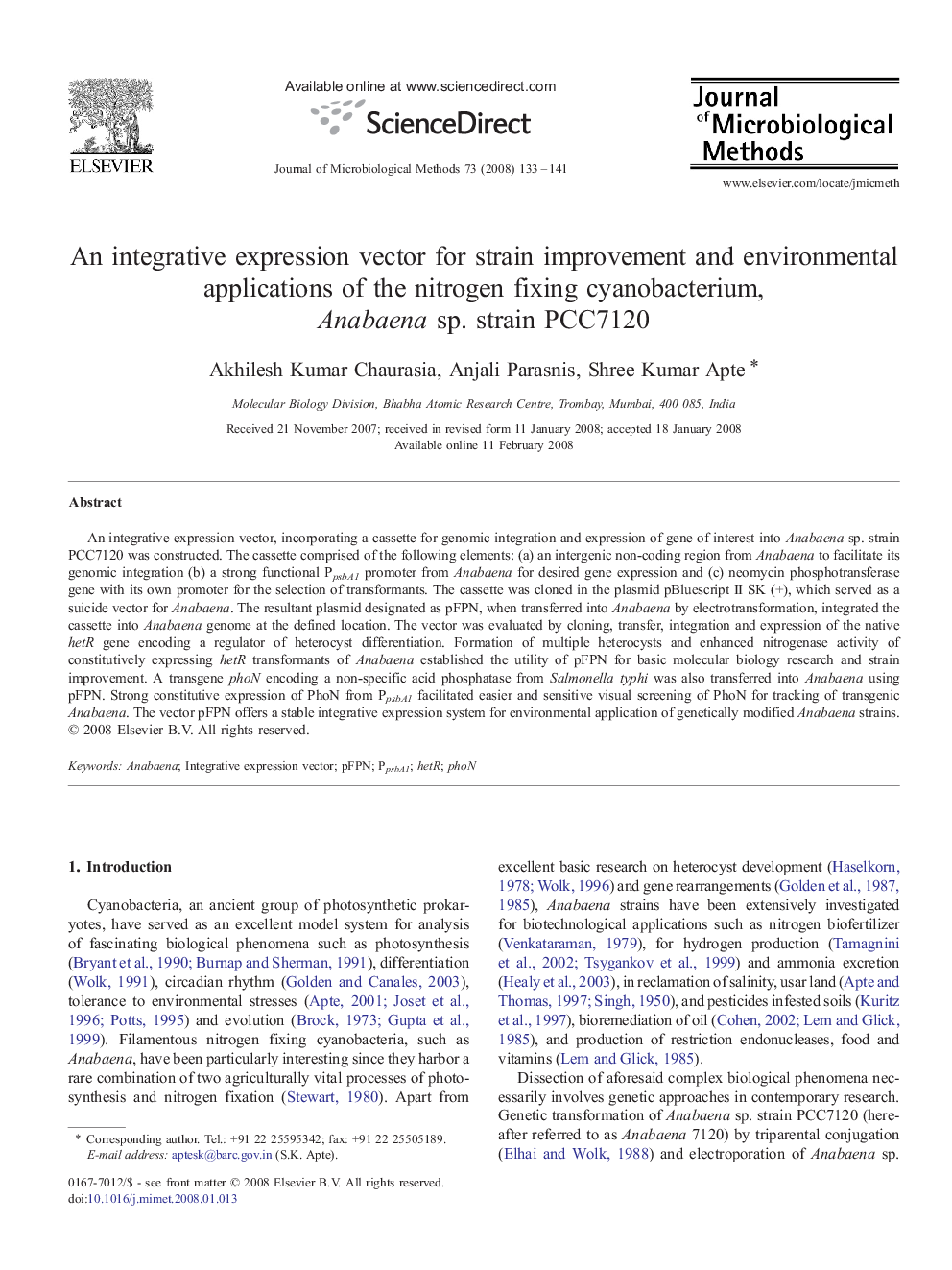 An integrative expression vector for strain improvement and environmental applications of the nitrogen fixing cyanobacterium, Anabaena sp. strain PCC7120