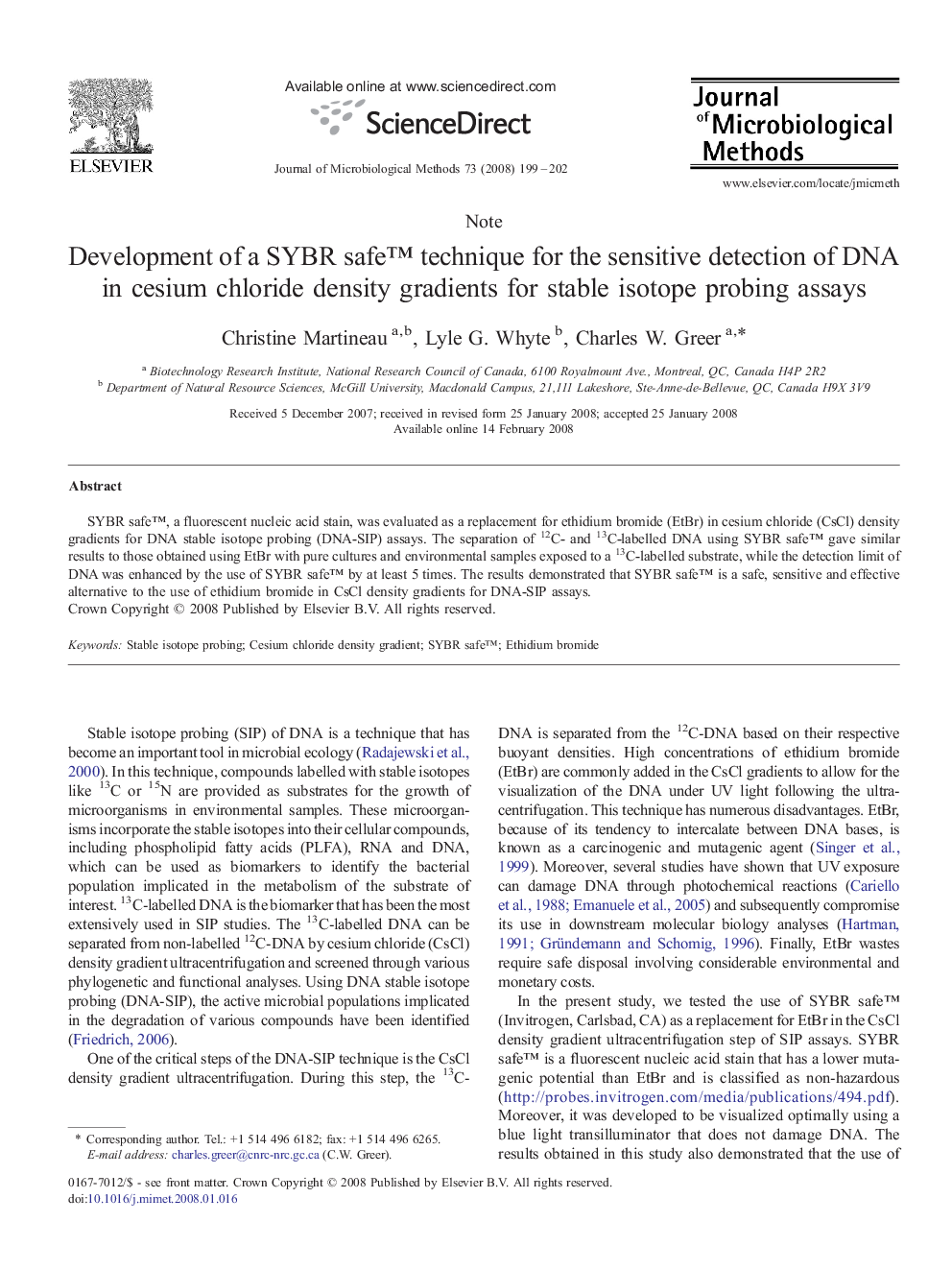 Development of a SYBR safe™ technique for the sensitive detection of DNA in cesium chloride density gradients for stable isotope probing assays