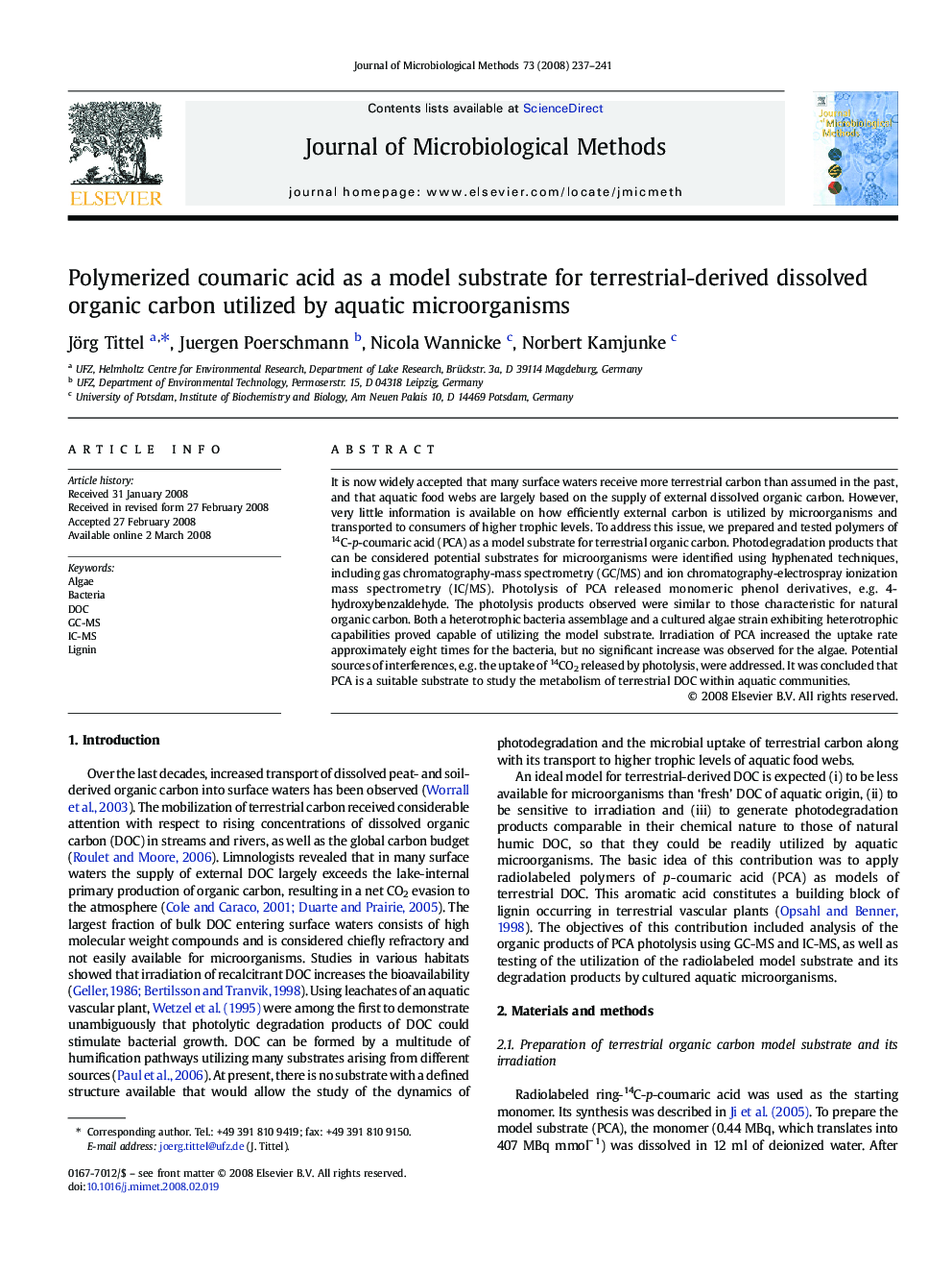 Polymerized coumaric acid as a model substrate for terrestrial-derived dissolved organic carbon utilized by aquatic microorganisms