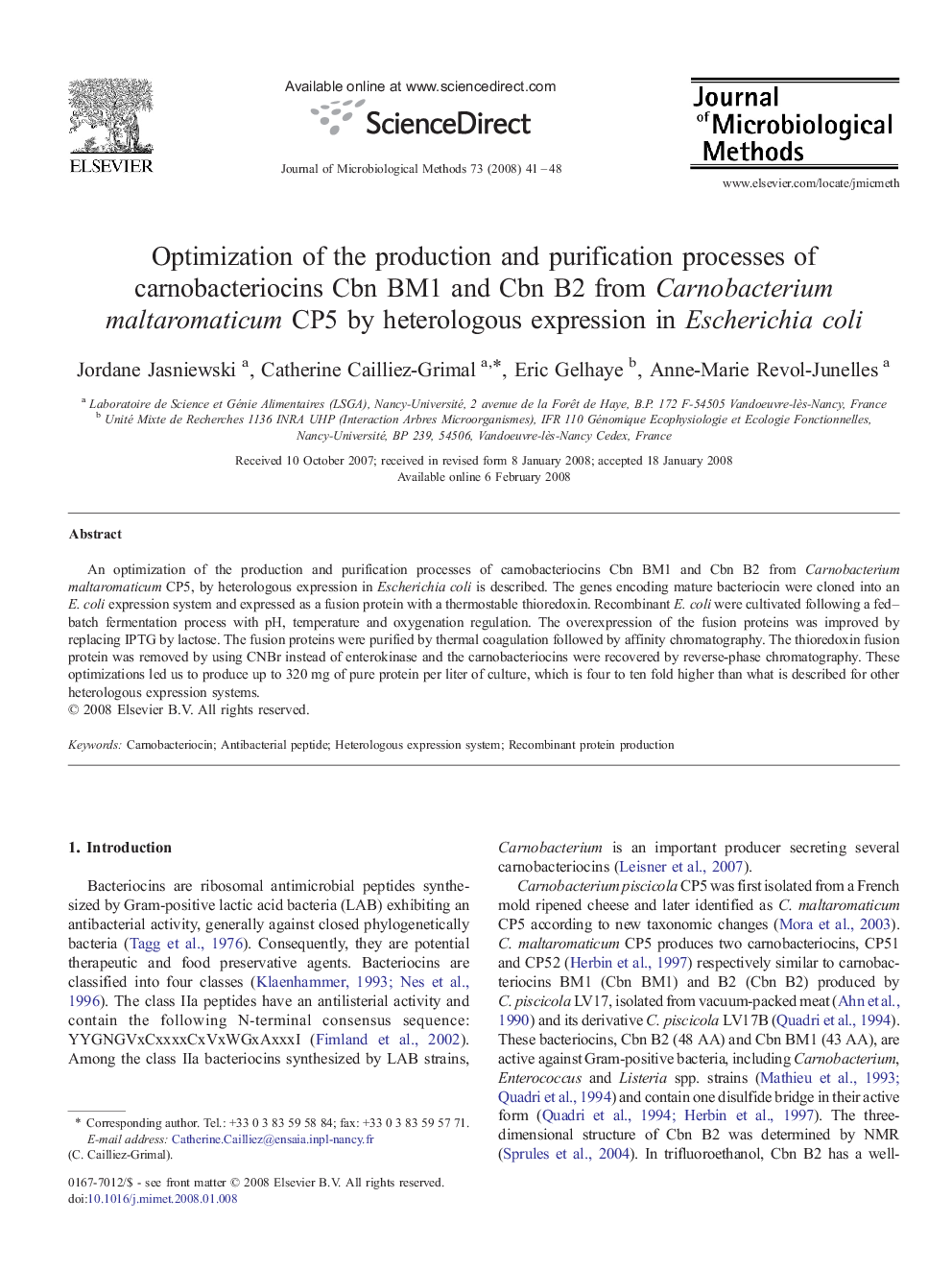 Optimization of the production and purification processes of carnobacteriocins Cbn BM1 and Cbn B2 from Carnobacterium maltaromaticum CP5 by heterologous expression in Escherichia coli