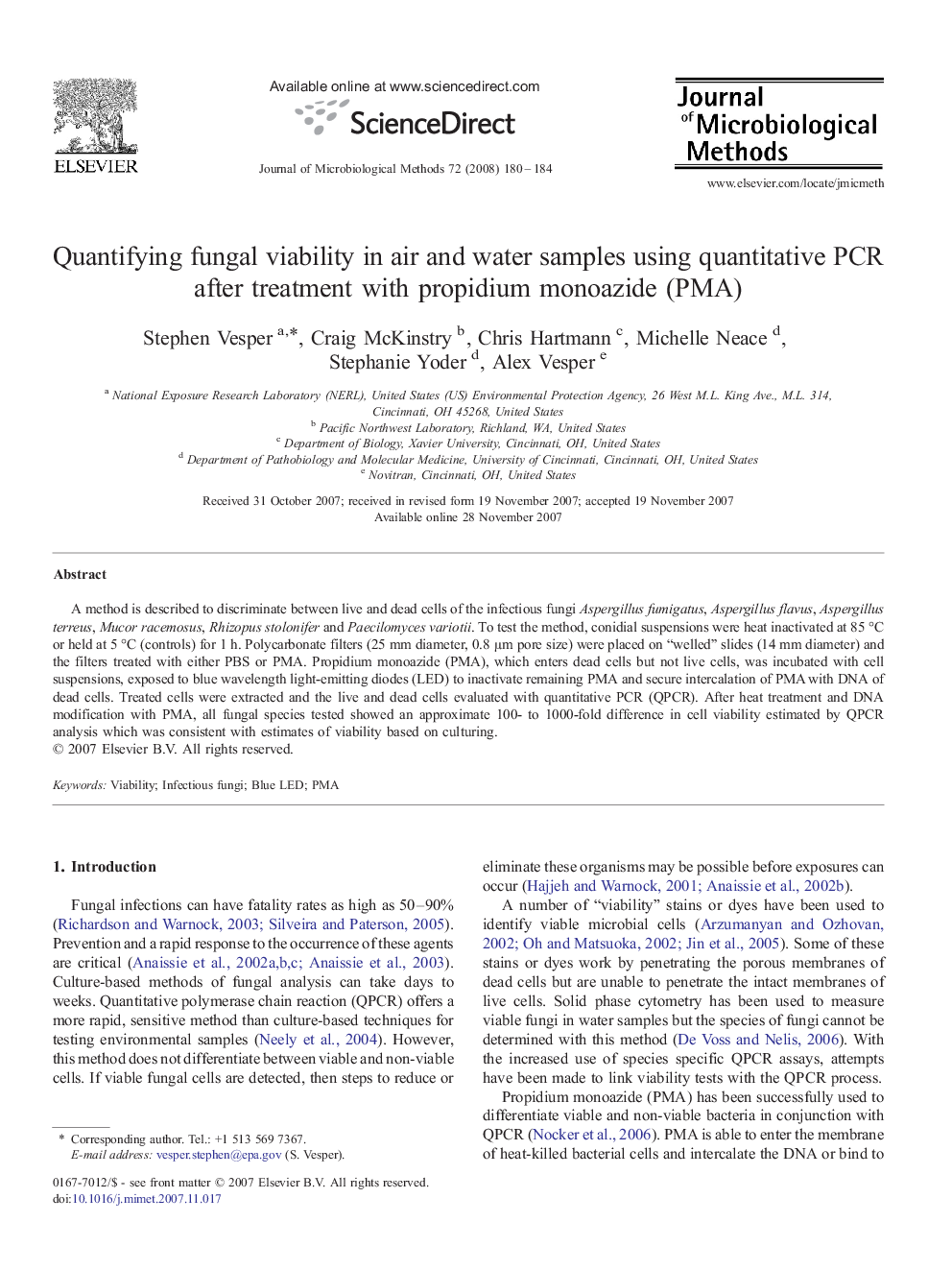 Quantifying fungal viability in air and water samples using quantitative PCR after treatment with propidium monoazide (PMA)