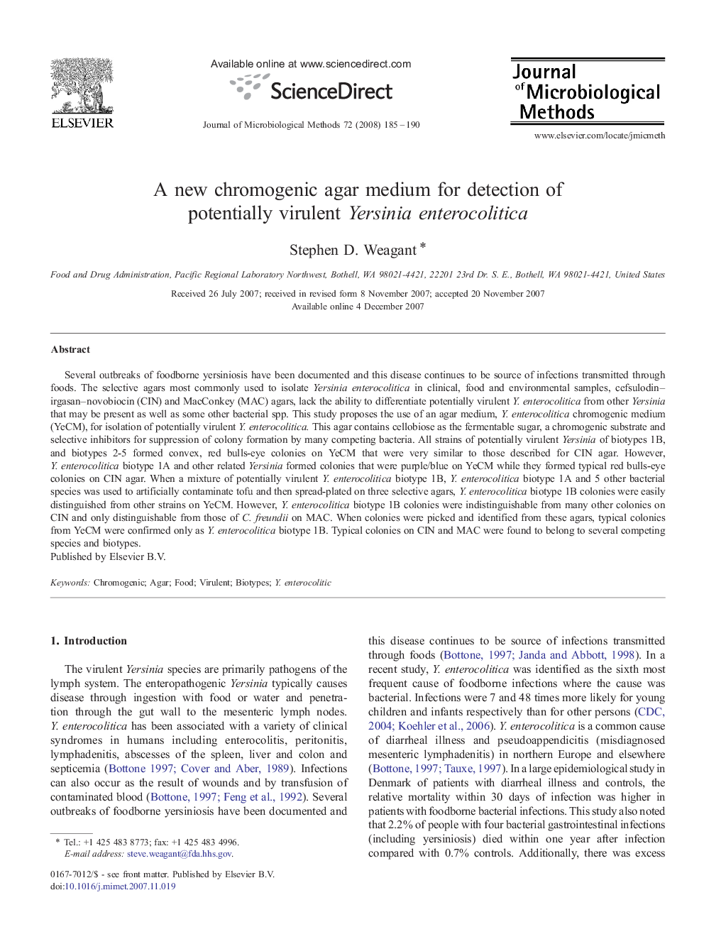 A new chromogenic agar medium for detection of potentially virulent Yersinia enterocolitica