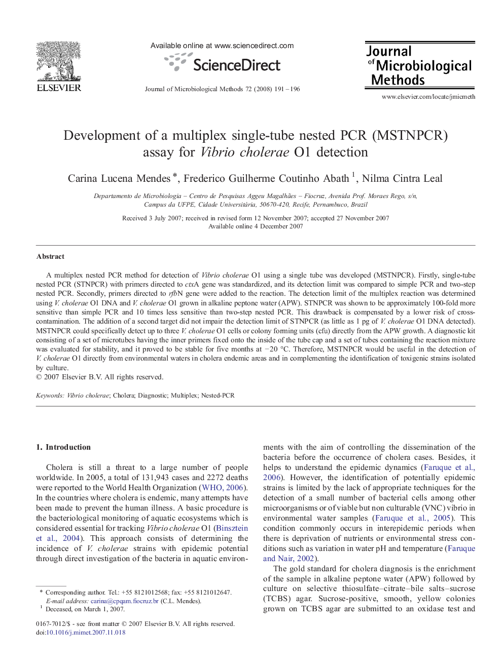 Development of a multiplex single-tube nested PCR (MSTNPCR) assay for Vibrio cholerae O1 detection