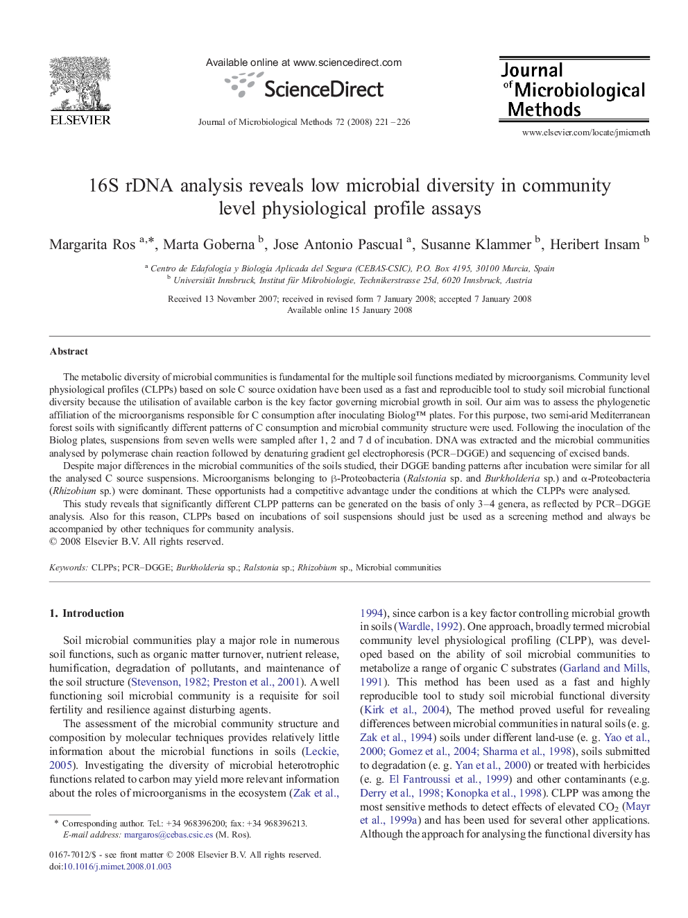 16S rDNA analysis reveals low microbial diversity in community level physiological profile assays