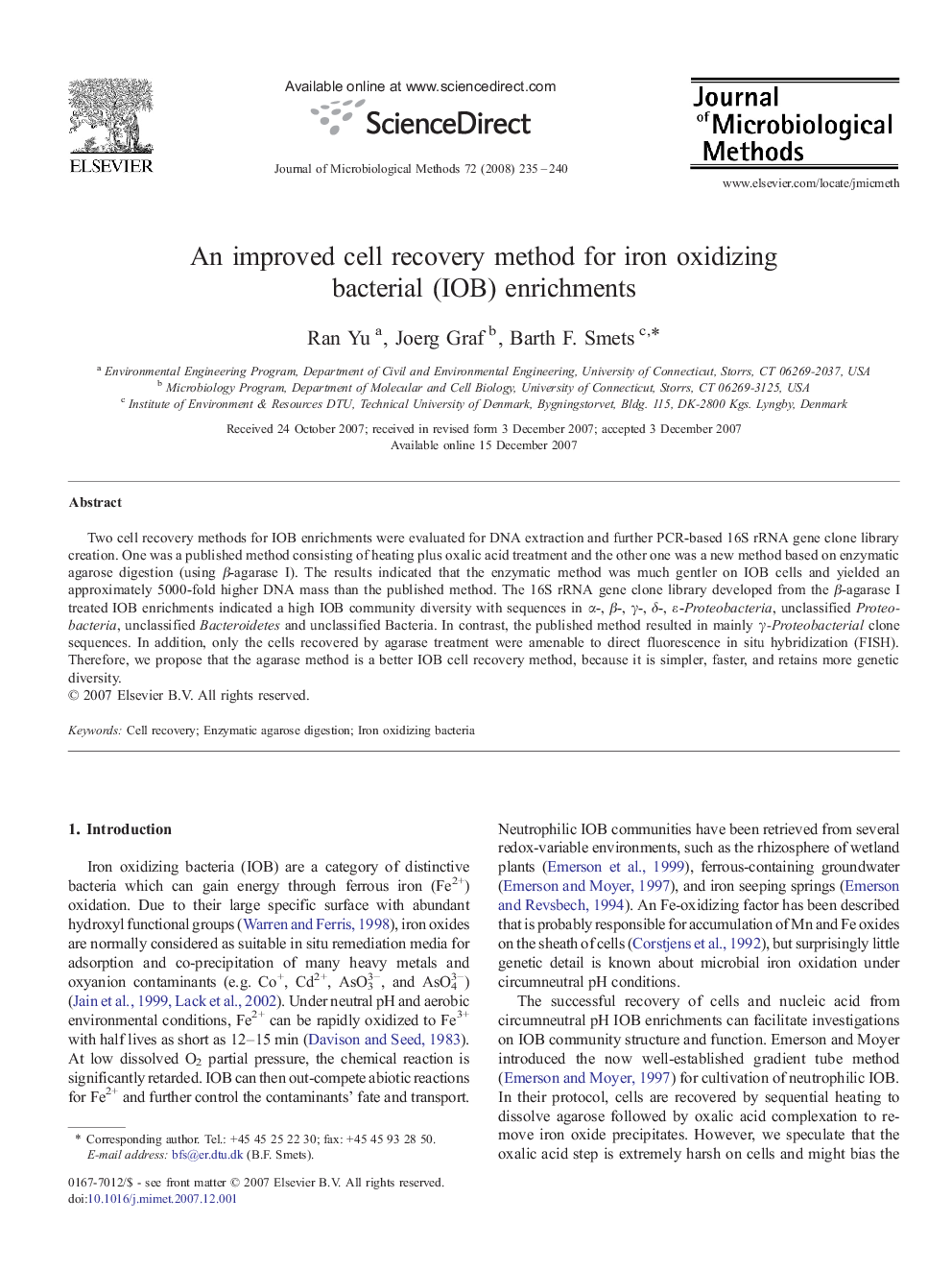 An improved cell recovery method for iron oxidizing bacterial (IOB) enrichments