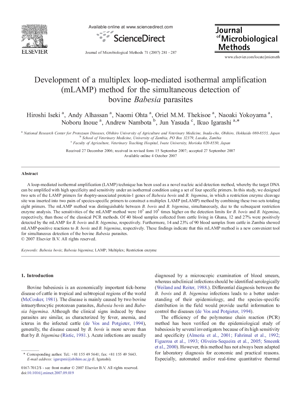 Development of a multiplex loop-mediated isothermal amplification (mLAMP) method for the simultaneous detection of bovine Babesia parasites