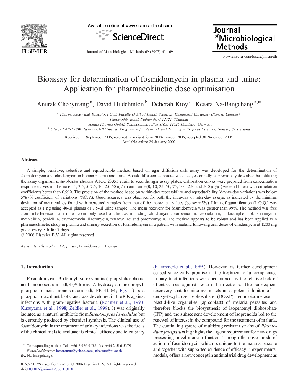 Bioassay for determination of fosmidomycin in plasma and urine: Application for pharmacokinetic dose optimisation