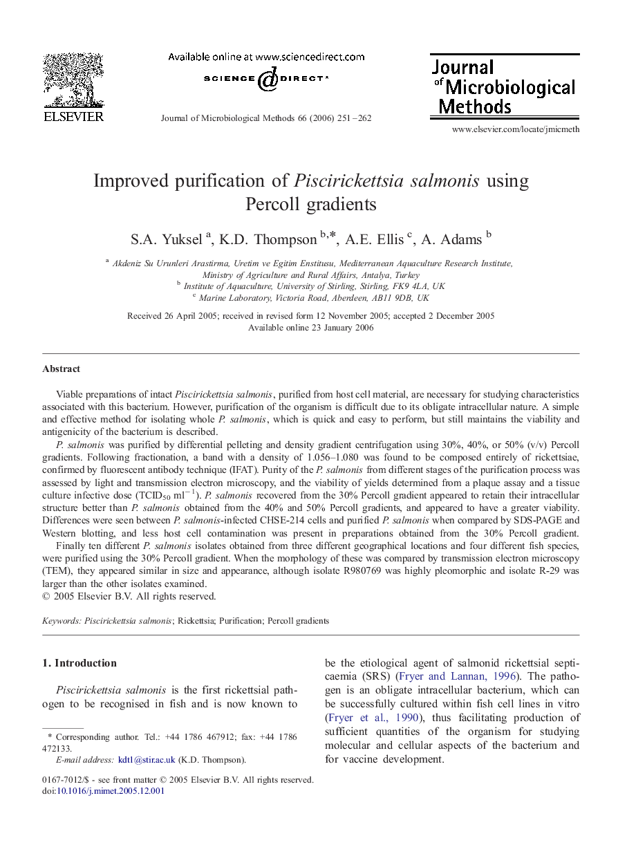 Improved purification of Piscirickettsia salmonis using Percoll gradients