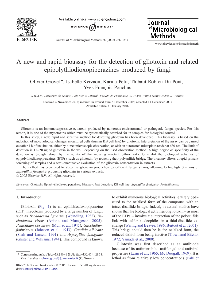 A new and rapid bioassay for the detection of gliotoxin and related epipolythiodioxopiperazines produced by fungi