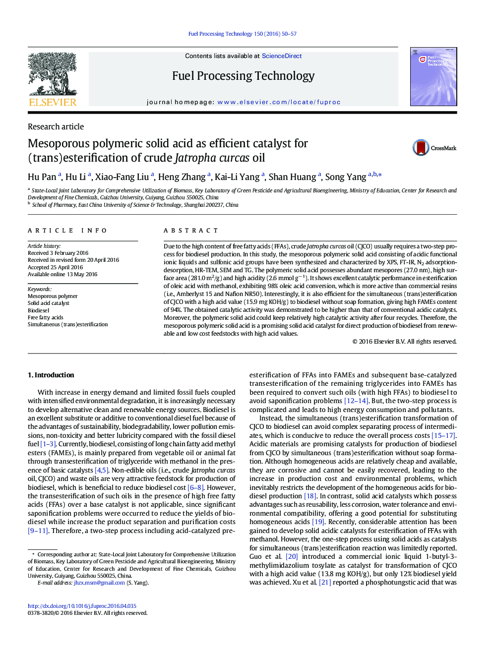 Mesoporous polymeric solid acid as efficient catalyst for (trans)esterification of crude Jatropha curcas oil