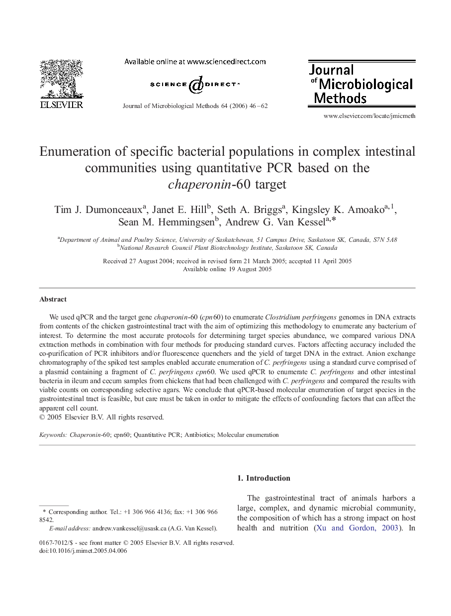 Enumeration of specific bacterial populations in complex intestinal communities using quantitative PCR based on the chaperonin-60 target