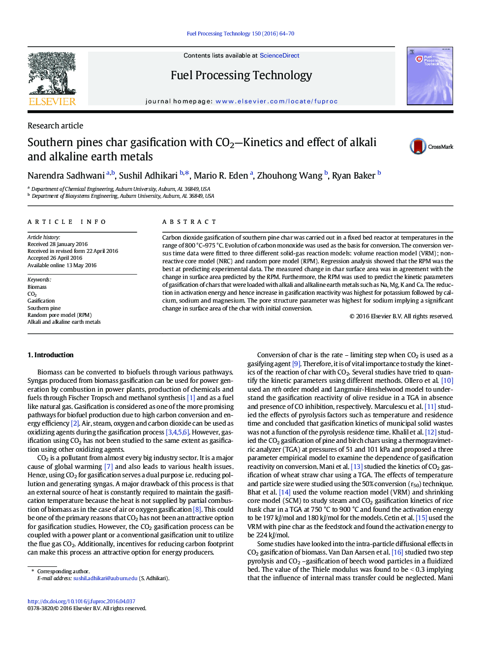 Southern pines char gasification with CO2—Kinetics and effect of alkali and alkaline earth metals