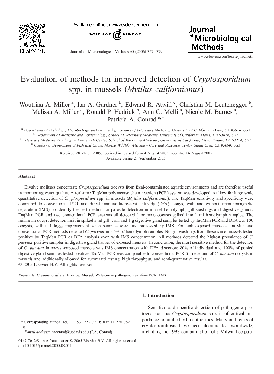 Evaluation of methods for improved detection of Cryptosporidium spp. in mussels (Mytilus californianus)