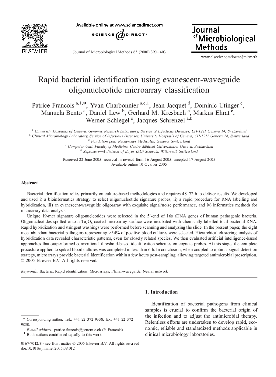 Rapid bacterial identification using evanescent-waveguide oligonucleotide microarray classification