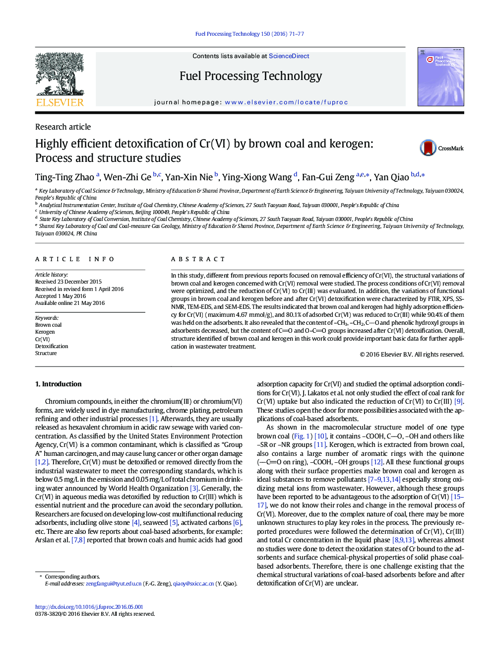 Highly efficient detoxification of Cr(VI) by brown coal and kerogen: Process and structure studies