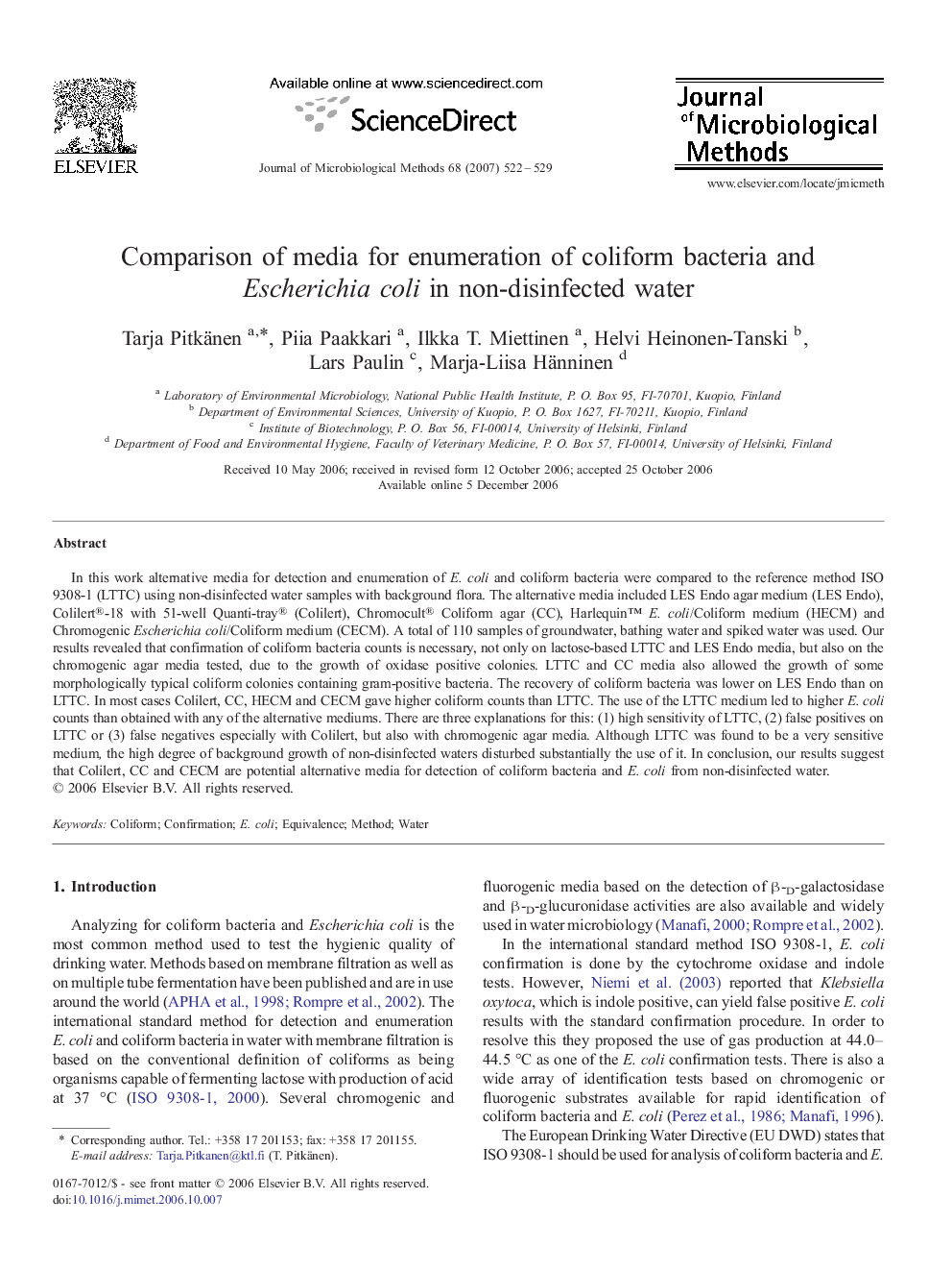 Comparison of media for enumeration of coliform bacteria and Escherichia coli in non-disinfected water