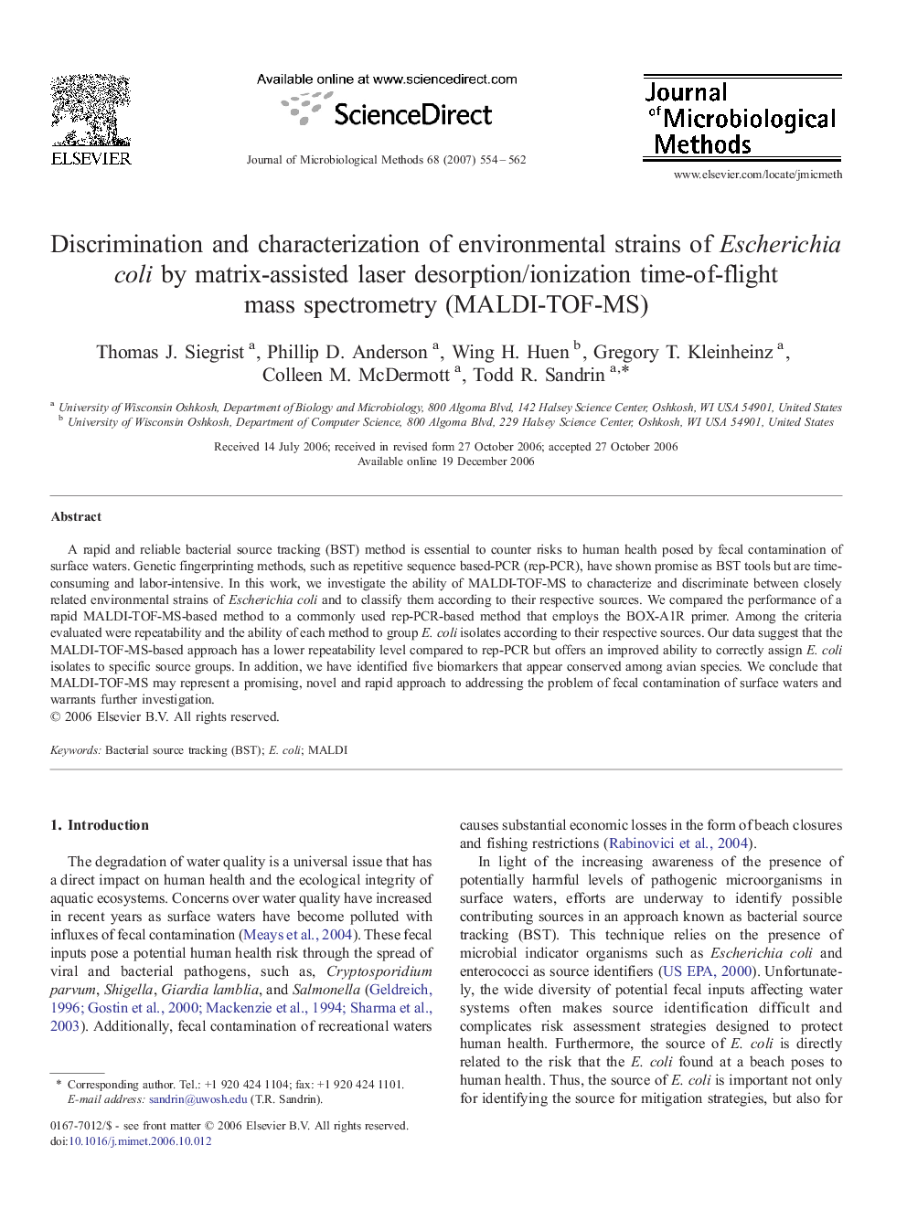 Discrimination and characterization of environmental strains of Escherichia coli by matrix-assisted laser desorption/ionization time-of-flight mass spectrometry (MALDI-TOF-MS)