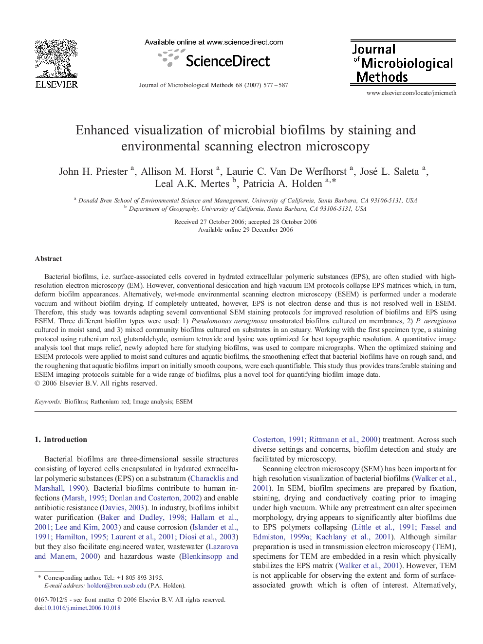 Enhanced visualization of microbial biofilms by staining and environmental scanning electron microscopy