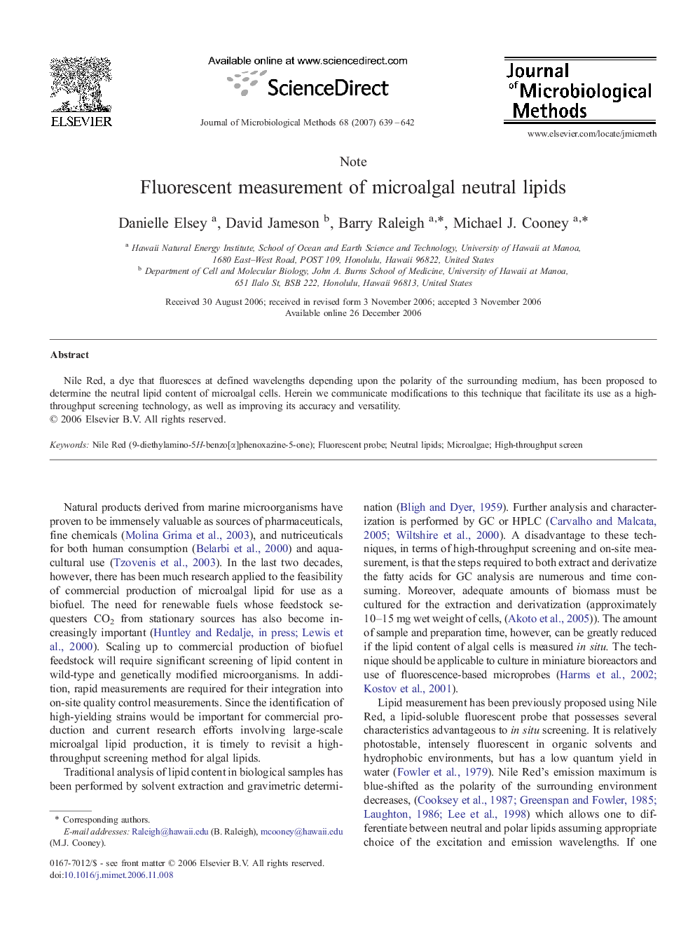 Fluorescent measurement of microalgal neutral lipids