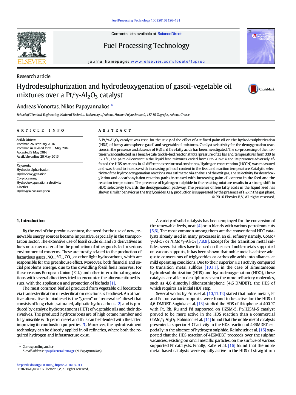 Hydrodesulphurization and hydrodeoxygenation of gasoil-vegetable oil mixtures over a Pt/γ-Al2O3 catalyst