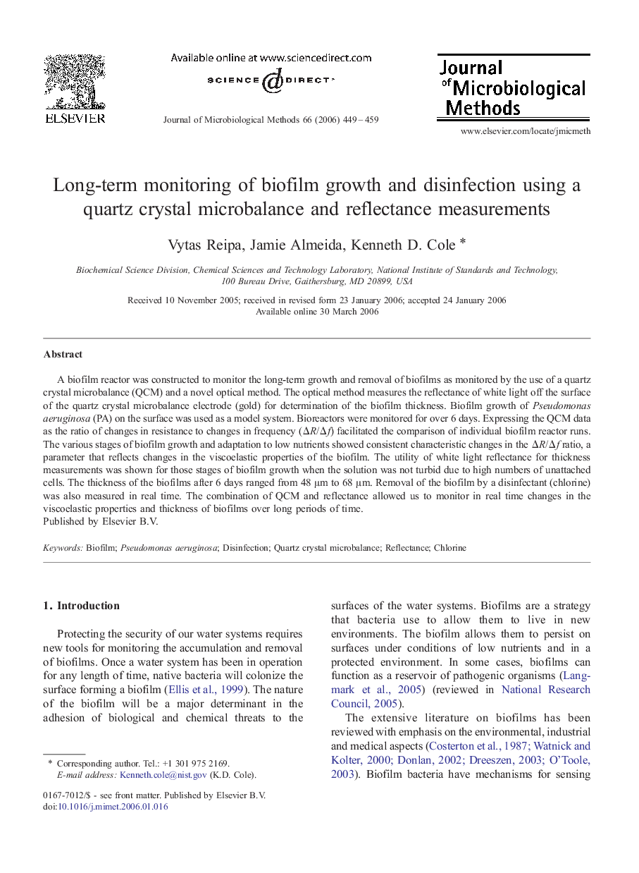 Long-term monitoring of biofilm growth and disinfection using a quartz crystal microbalance and reflectance measurements