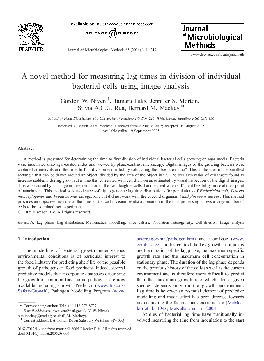 A novel method for measuring lag times in division of individual bacterial cells using image analysis