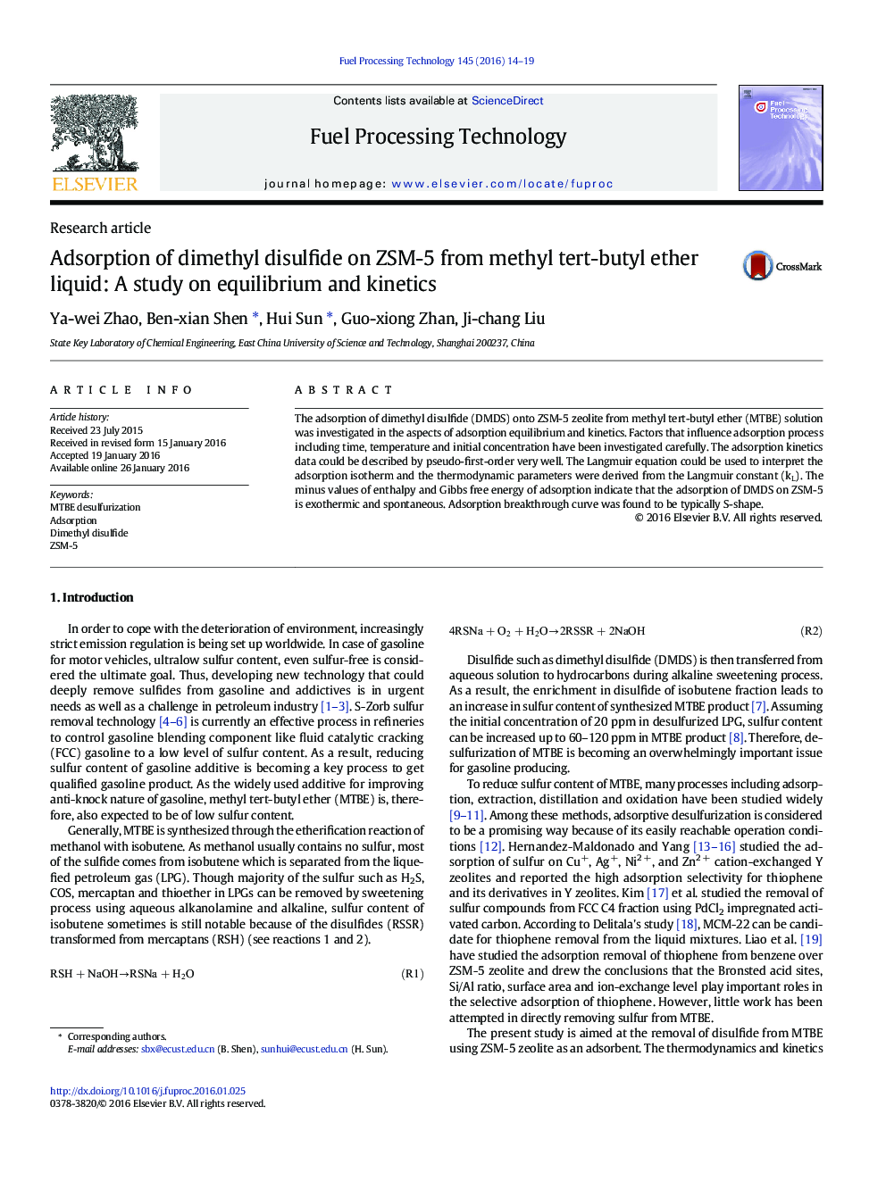 Adsorption of dimethyl disulfide on ZSM-5 from methyl tert-butyl ether liquid: A study on equilibrium and kinetics